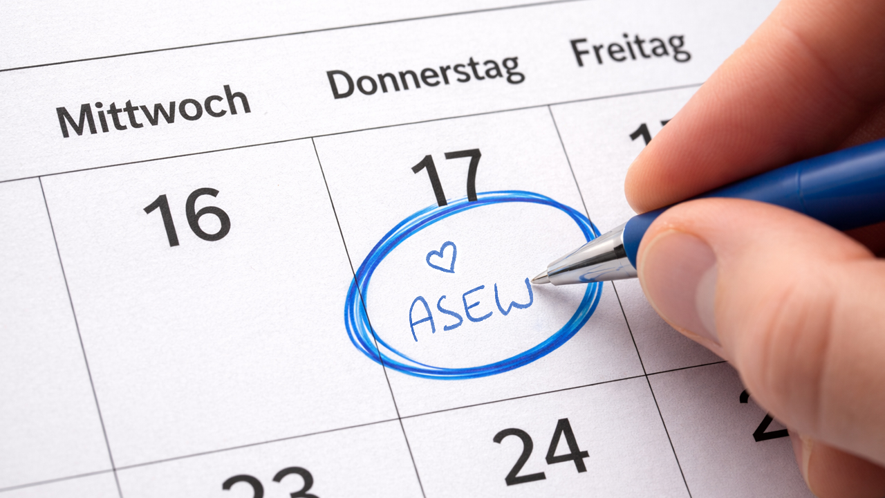 Eine Hand markiert eine ASEW-Veranstaltung mit einem Herz im Kalender