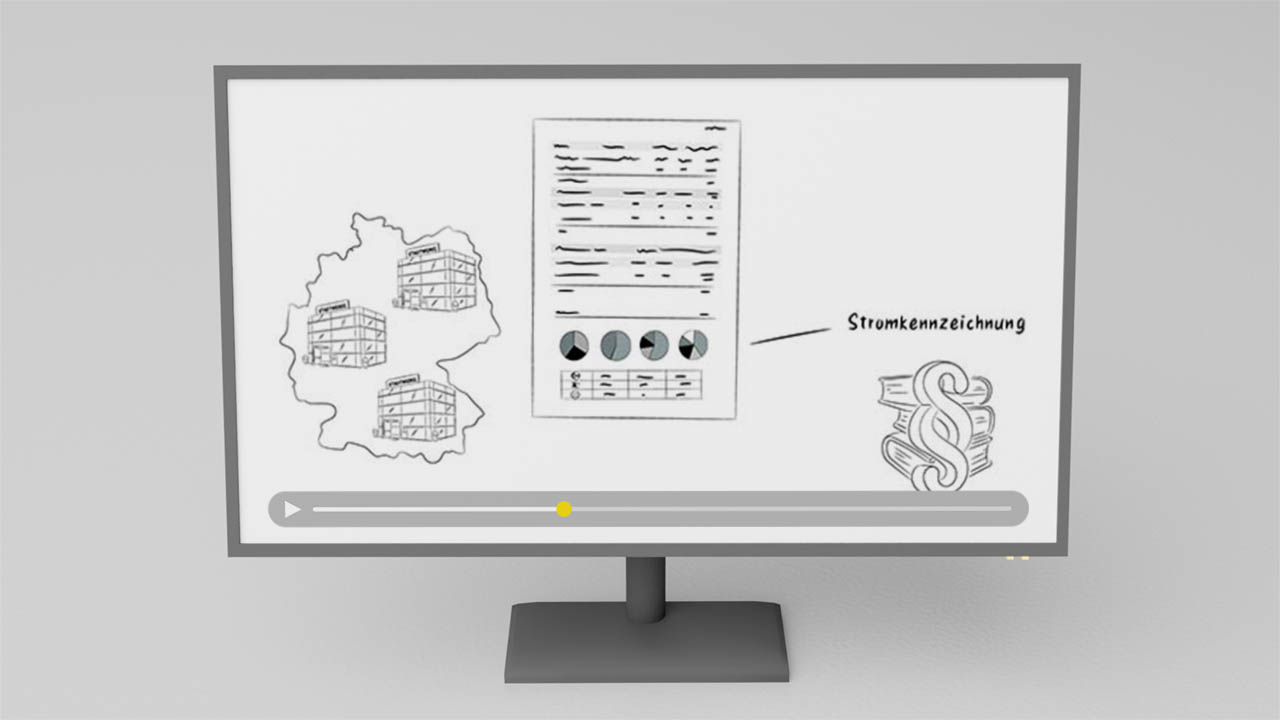 Bildschirm zeigt Erklärvideo zur Stromkennzeichnung