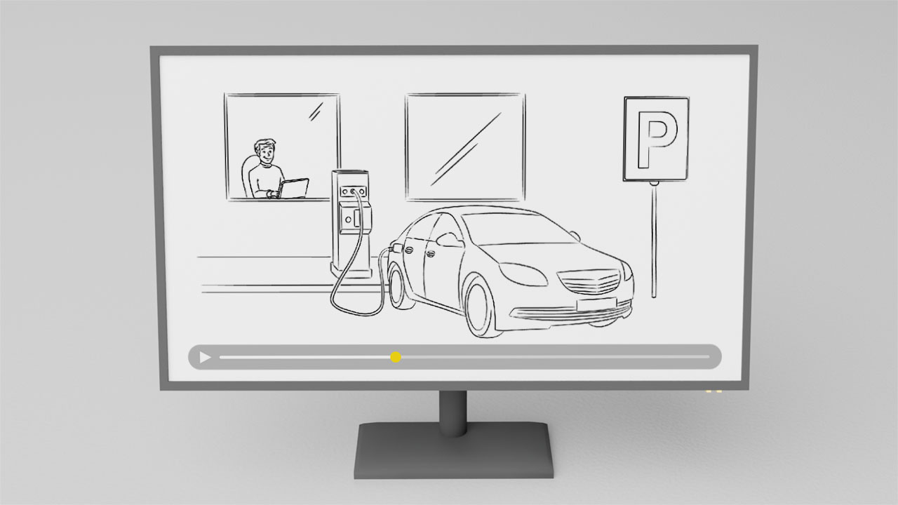 Bildschirm zeigt Erklärvideo über E-Mobilität