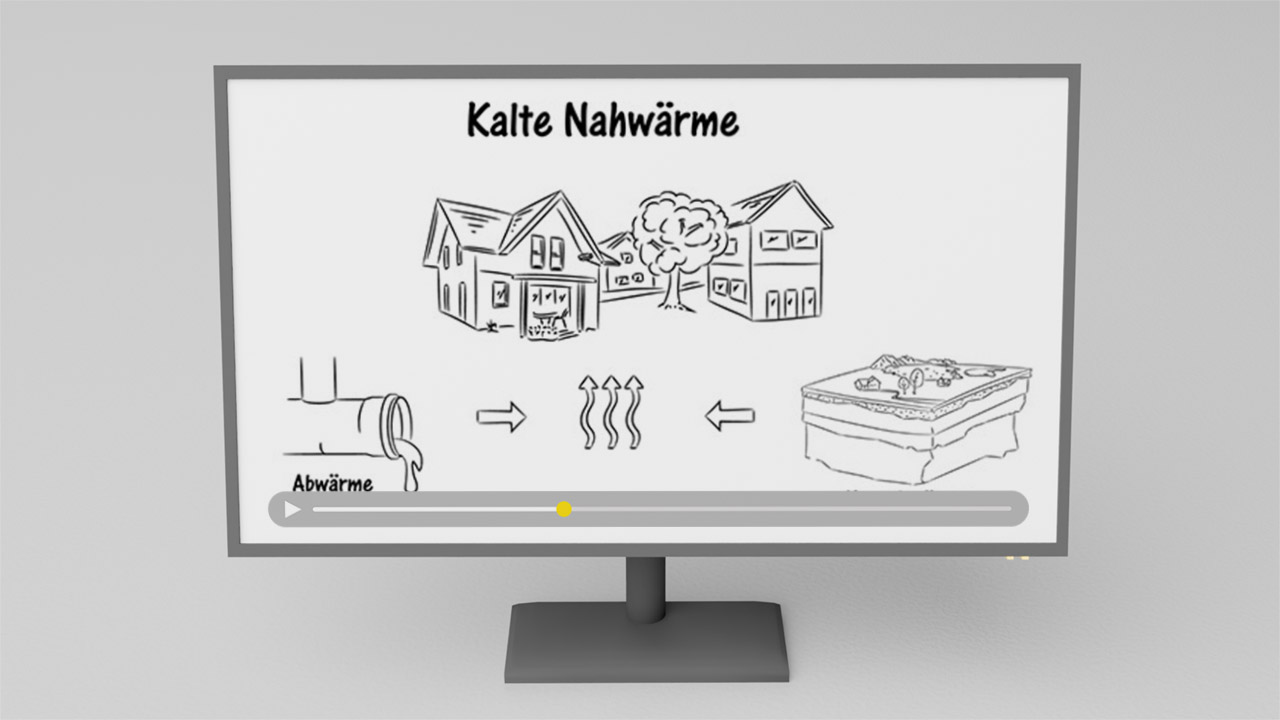 Bildschirm zeigt Erklärvideo über kalte Nahwärme